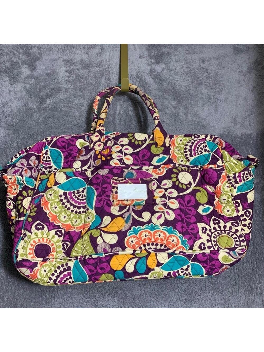 Vera Bradley Large Duffel Bag Women Large Purple Plum Crazy Quilted Paisley Trav